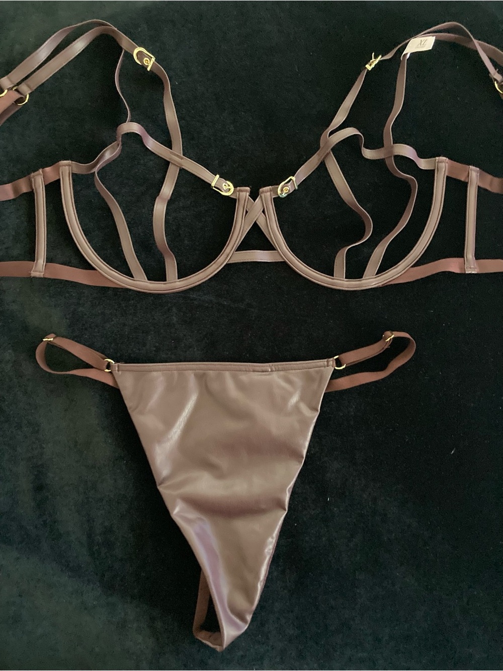 Victoria's Secret Very Sexy Brown Faux Leather Open Strappy Bra Panty Set Sz XL